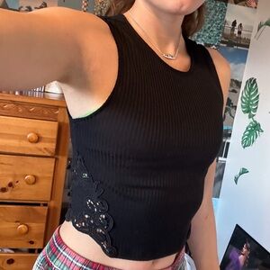 Black Ribbed Lace Side Tank